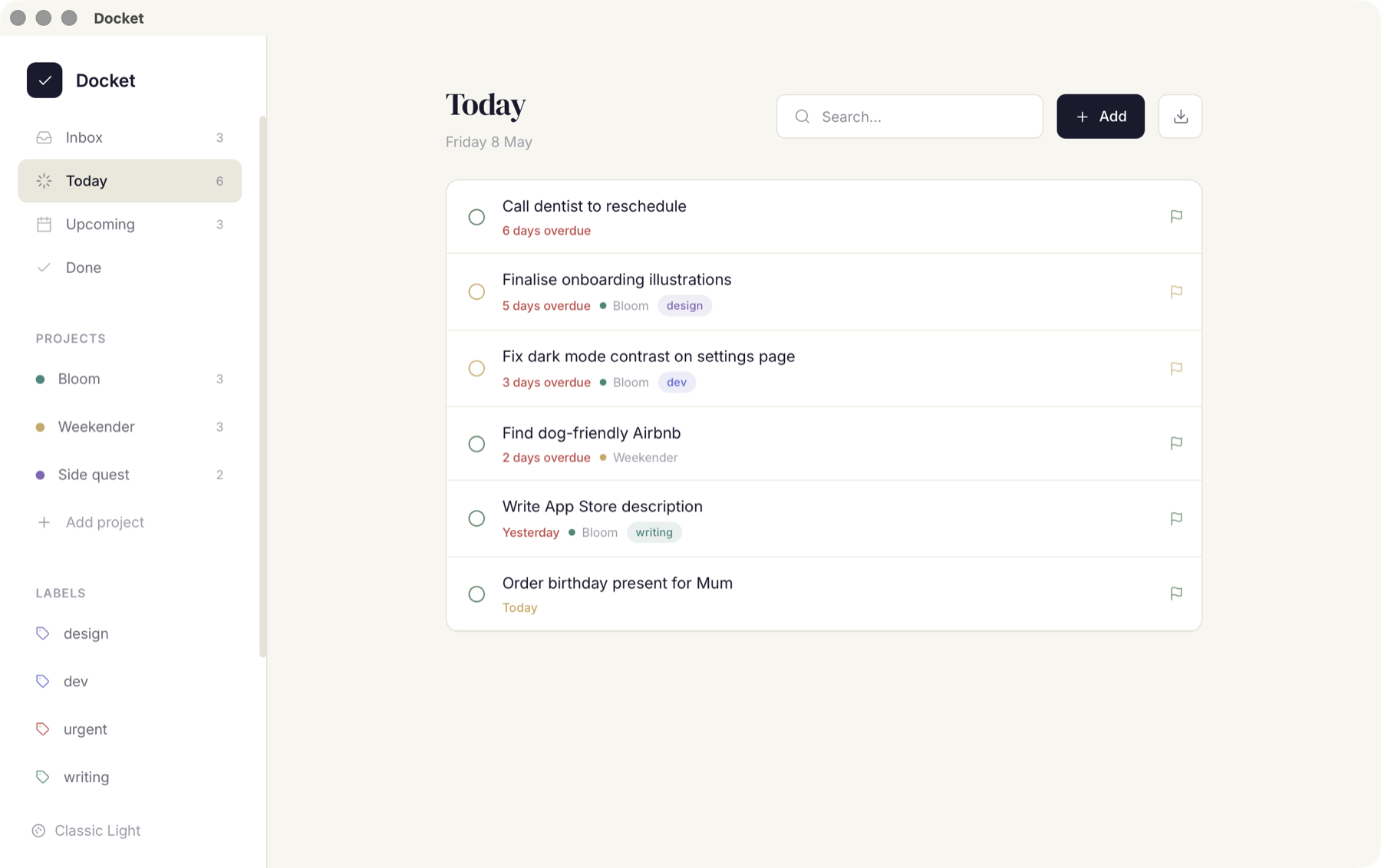 Docket app showing today's tasks, projects, labels, and due dates