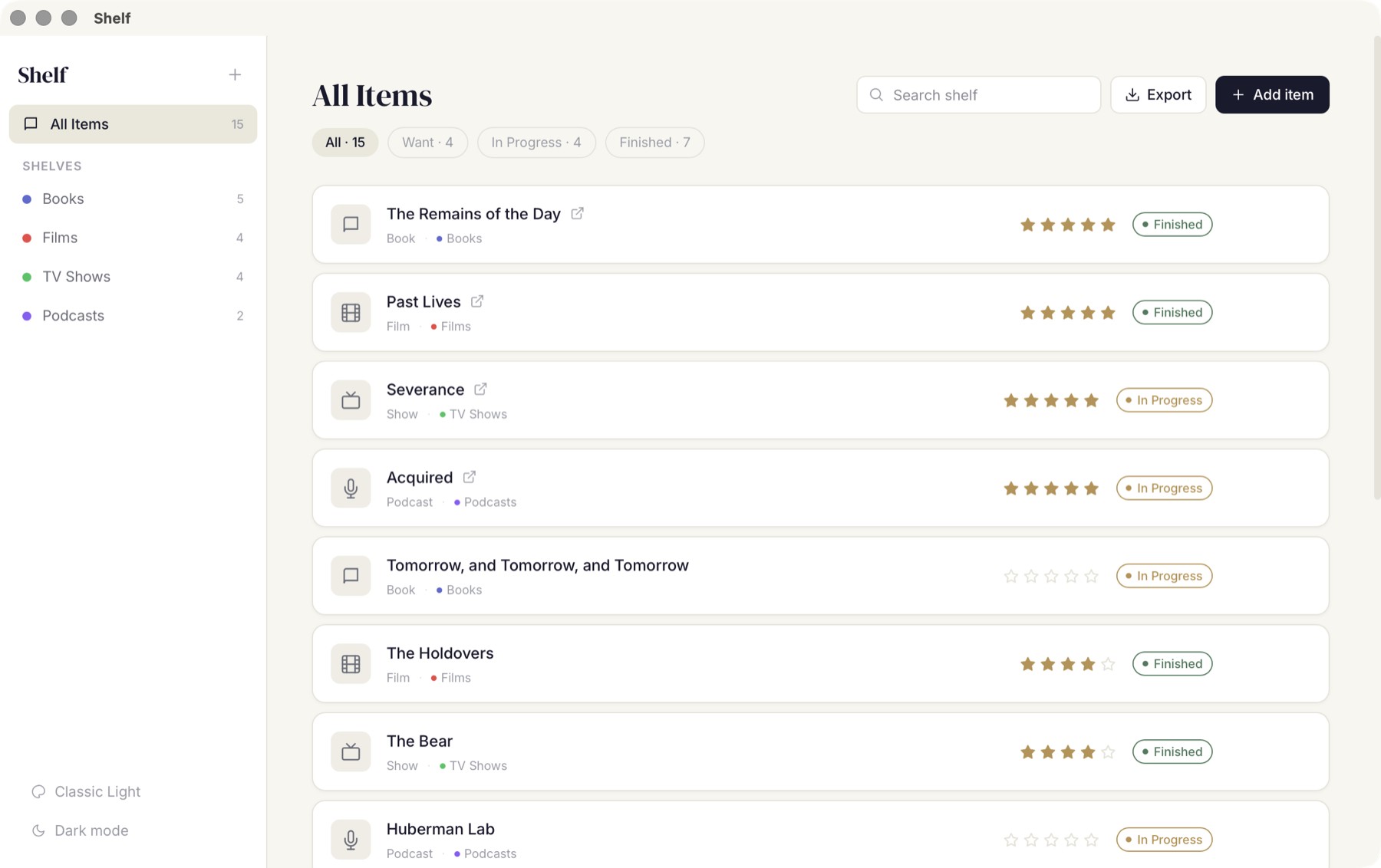 Shelf app showing a private library with books, films, shows, podcasts, ratings, and status