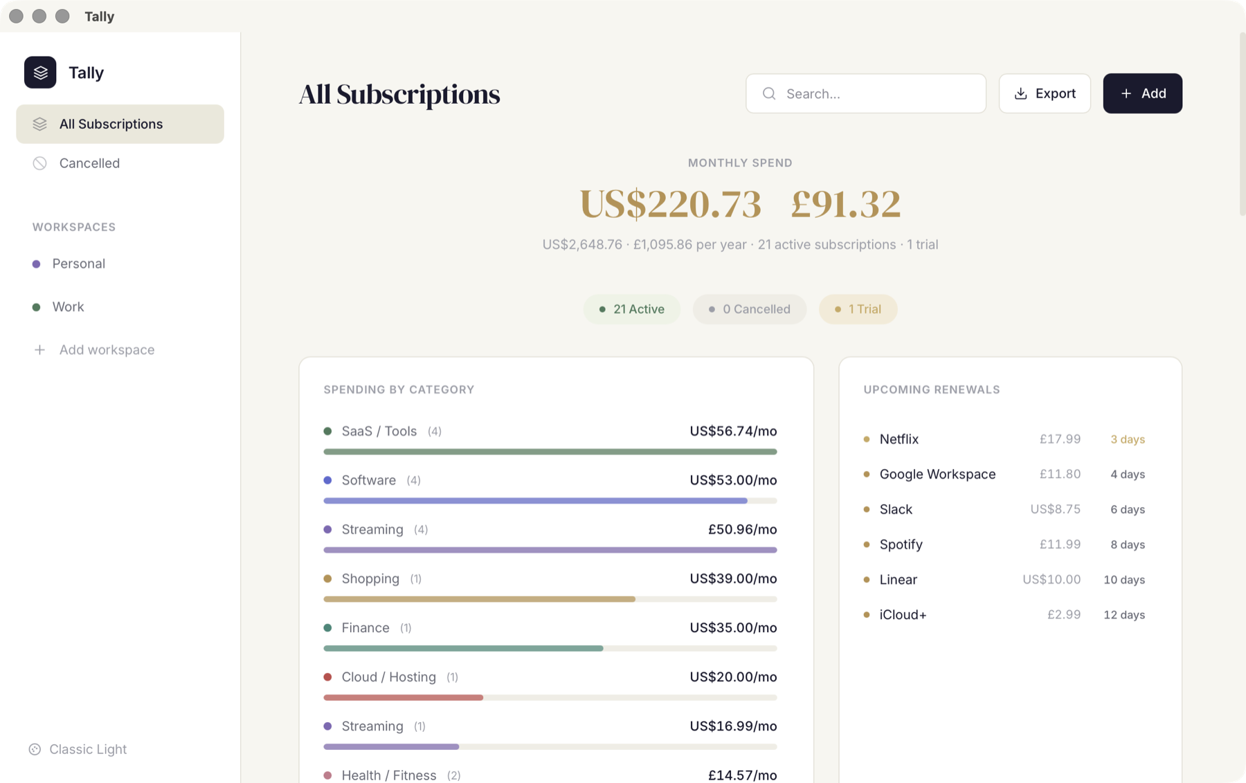 Tally app showing subscription spend, category totals, and upcoming renewals